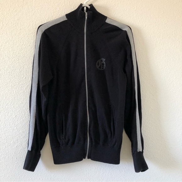 GUESS Black Gray Wool Blend Stripe sleeves Full Zip Sweater Women Small - Picture 1 of 8